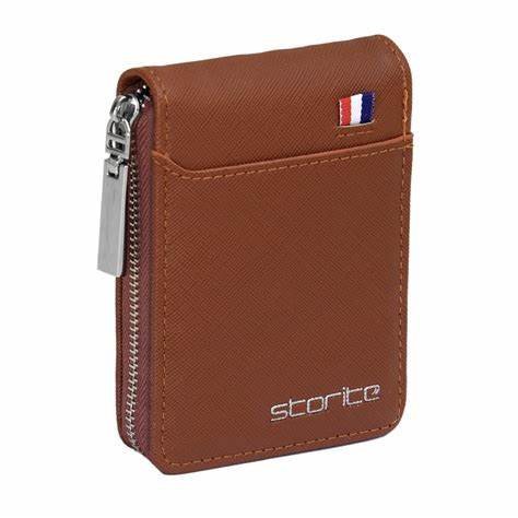 Storite PU Leather 9 Slot Vertical Credit Debit Card Holder Money Wallet Zipper Coin Purse for Men Women - Lightbrown (11.5 x 1.75 x 8 cm)