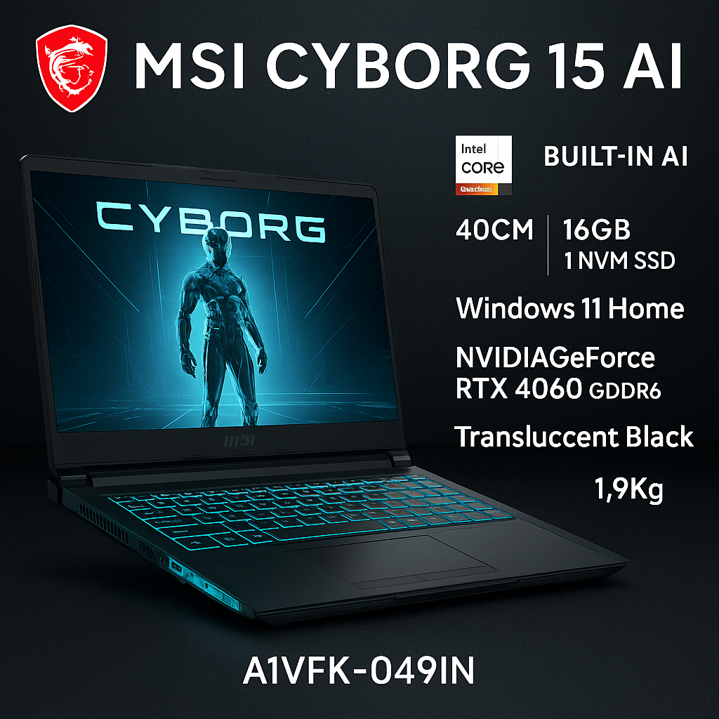 MSI Cyborg 15 AI, Intel Core Ultra 7 155H,Built-in AI, 40CM Gaming Laptop(16GB/1TB NVMe SSD/Windows 11 Home/NVIDIA GeForce RTX 4060, GDDR6 8GB/Translucent Black/1.9Kg), A1VFK-049IN
