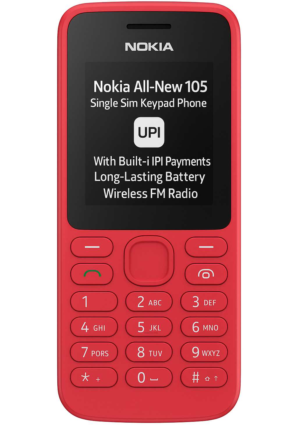 Nokia All-New 105 Single Sim Keypad Phone with Built-in UPI Payments, Long-Lasting Battery, Wireless FM Radio | Red