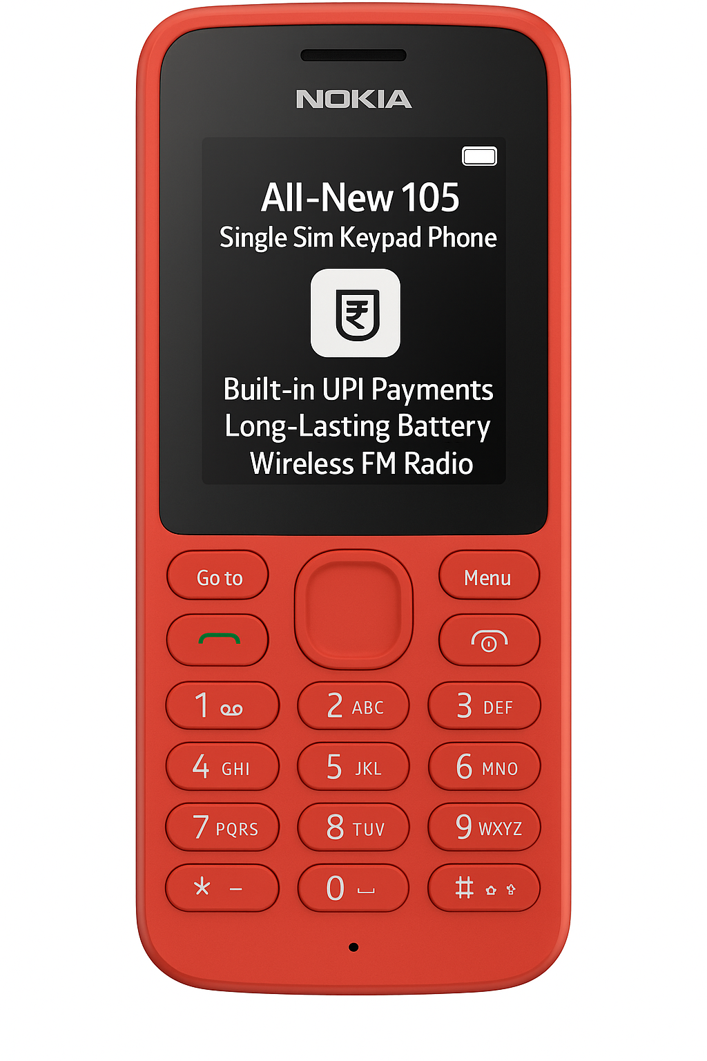 Nokia All-New 105 Single Sim Keypad Phone with Built-in UPI Payments, Long-Lasting Battery, Wireless FM Radio | Red