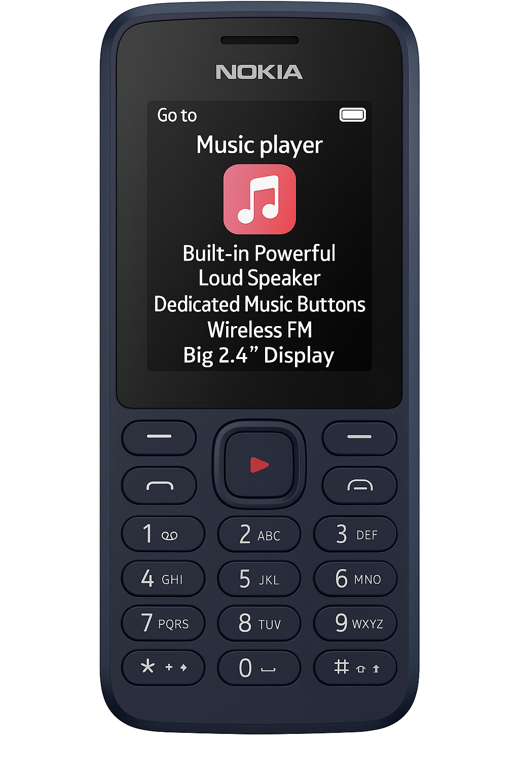 Nokia 130 Music | Built-in Powerful Loud Speaker with Music Player and Wireless FM | Dedicated Music Buttons | Big 2.4” Display | 1 Month Standby Battery Life | Dark Blue