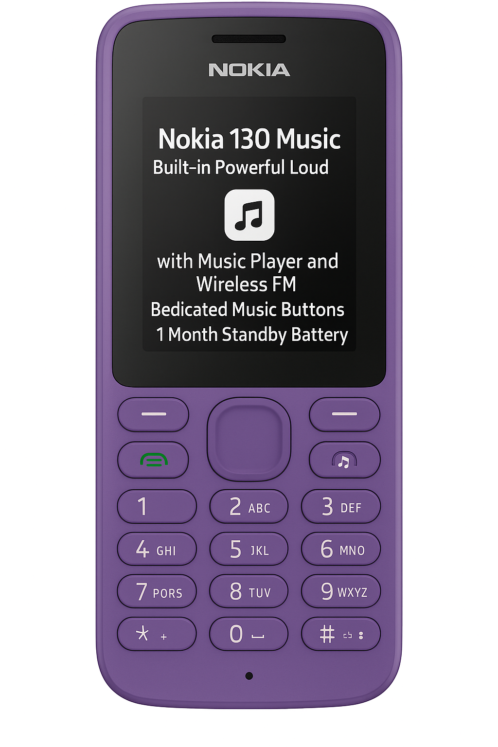 Nokia 130 Music | Built-in Powerful Loud Speaker with Music Player and Wireless FM Radio | Dedicated Music Buttons | Big 2.4” Display | 1 Month Standby Battery Life | Purple