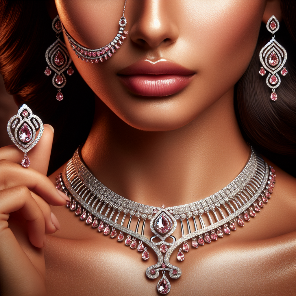 Sukkhi Artistic Rhodium Plated Pink AD Stone Collar Bone Necklace Set With Earring And Maangtika | Jewellery Set For Women (NS105698)