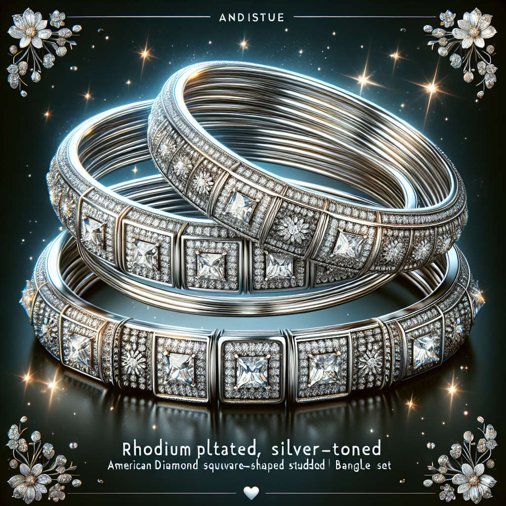 ZENEME Rhodium-Plated Silver Toned American Diamond Square Shaped studded Bangle Jewellery Set for Girls and Women (Set Of 2)